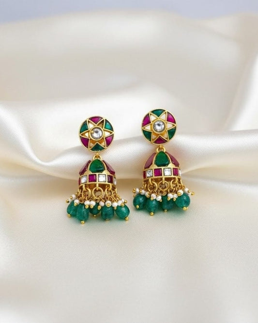 Traditional Real Kundan Half Jhumka with Green Beads JMK004