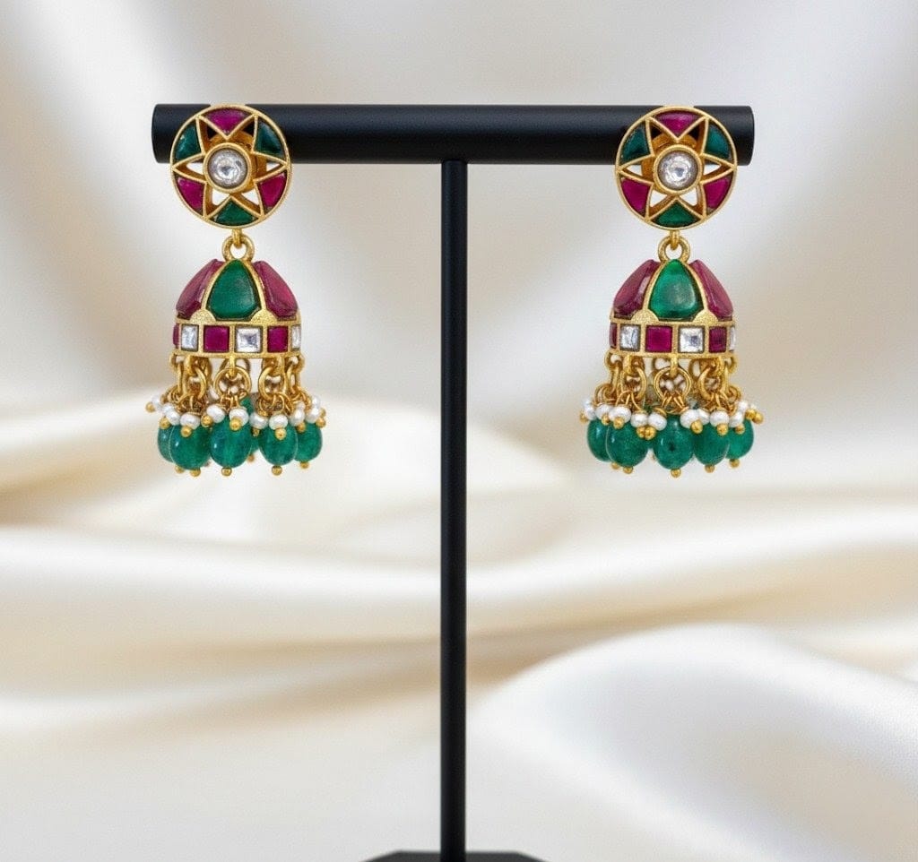Traditional Real Kundan Half Jhumka with Green Beads JMK004