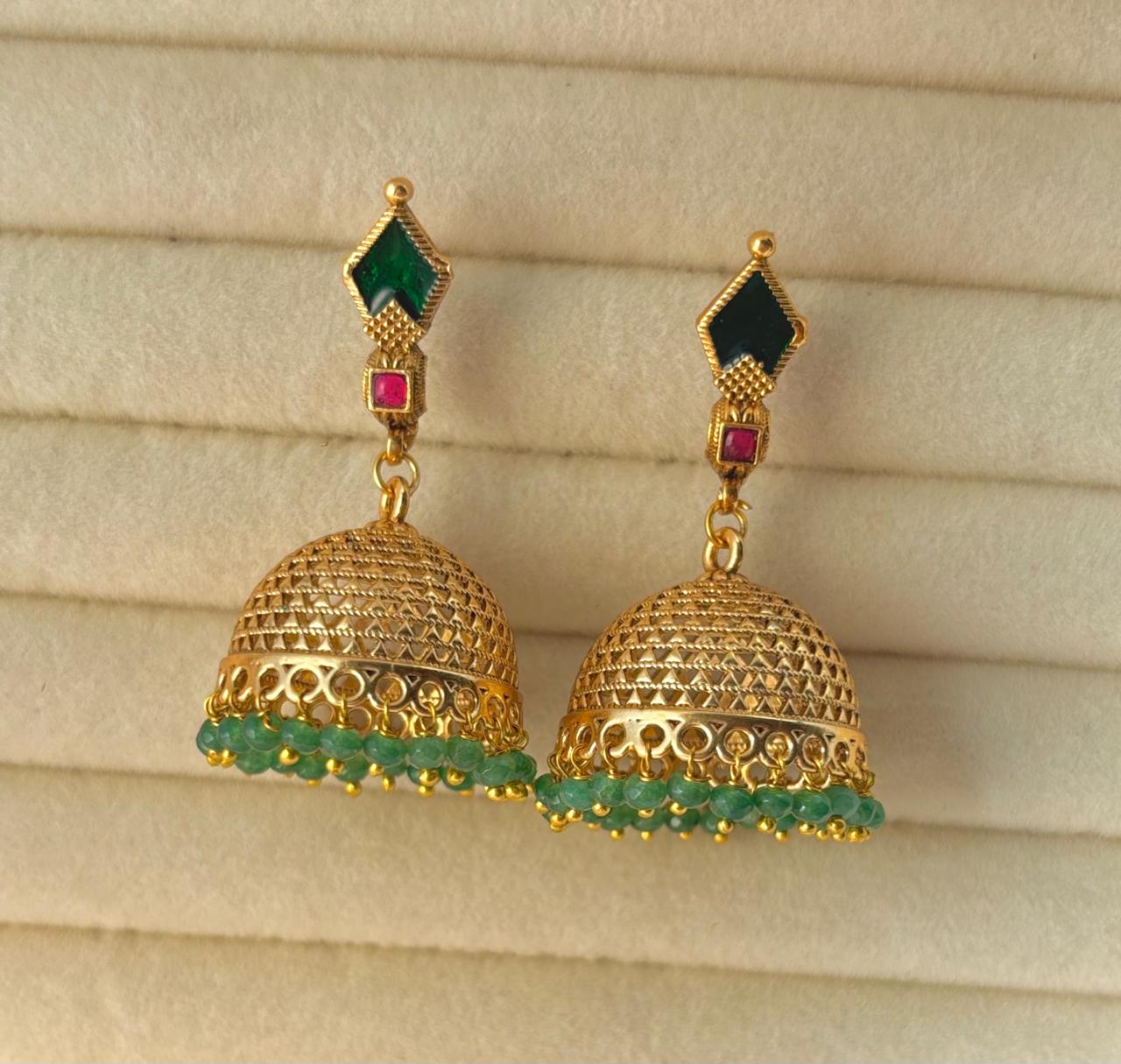 Antique Gold Jhumkis Earrings with Green Beads JMK007
