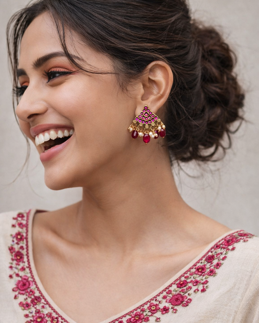 Traditional Kemp Stone Jhumka-Style Studs with Ruby Pink Stones and Pearl Drops STD013