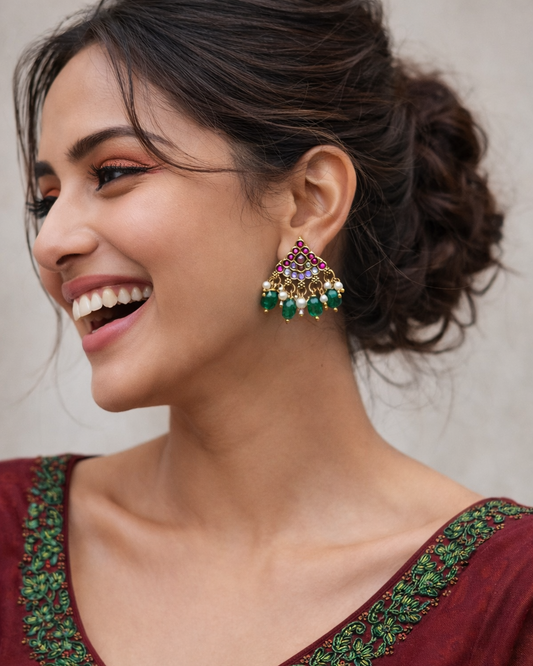 Traditional Multi-Color Stone Jhumka-Style Studs with Pearl Drops STD014